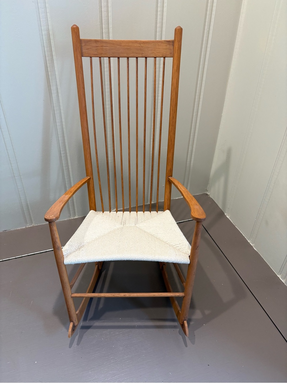 Mid-Century Doll Size Wooden Rocking Chair with Cream Woven Seat
